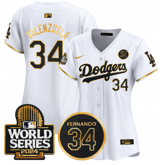 Women's Los Angeles Dodgers #34 Fernando Valenzuela White/Gold 2024 World Series & Fernando Memorial Patch Limited Stitched Baseball Jersey(Run Small) Women's Los Angeles Dodgers #34 Fernando Valenzuela White/Gold 2024 World Series & Fernando Memorial Patch Limited Stitched Baseball Jersey(Run Small)